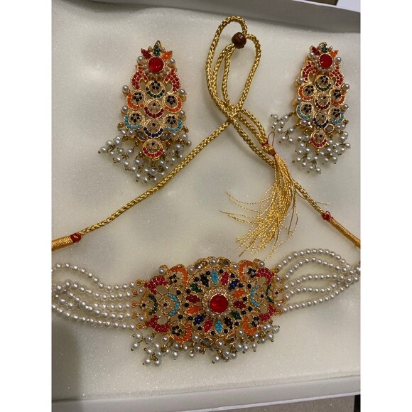 Nauratan Choker Jewelry Set Semi Precious stone Indian Pakistani Bridalwear NWT - Picture 5 of 12